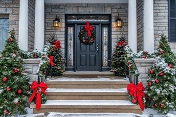 House entrance decorated for traditional winter holidays, front steps of the house with Christmas tree, ornaments and wreath on front door	