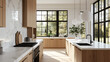 © highspirit - A contemporary Scandinavian kitchen with white marble countertops, light oak cabinets, and matte black hardware. Large windows bring in natural light, creating a bright and welcoming space