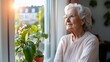 © Pinklife - An elderly woman with white hair and glasses sits by a window, gazing outside thoughtfully. A potted plant adds a touch of nature to the peaceful setting.