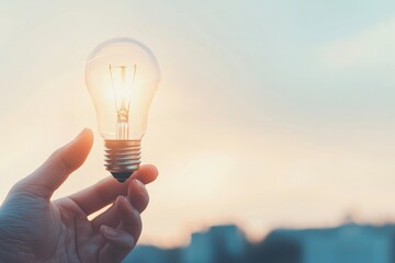 Poster - Businessman holding lightbulb with light line. Alternative energy, idea, saving electricity by innovating.