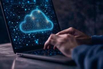 Fototapete - Business network concept utilising cloud computing technology and online data storage. Using the internet server service to transfer data on cloud is presented in a futuristic 3D graphic interface.