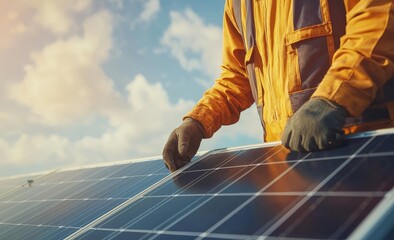 Wall Mural - Under beautiful blue sky with clouds, close-up of a man installing a stand-alone PV system. Concept of alternative energy and sustainable power.