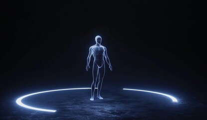 Fototapete - The interface of this futuristic hologram is in blue tone, showing a body scan for health analysis