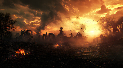 A dramatic war battle scene with soldiers in trenches, explosions lighting up the sky, smoke billowing, and chaos unfolding as troops clash amidst debris and gunfire