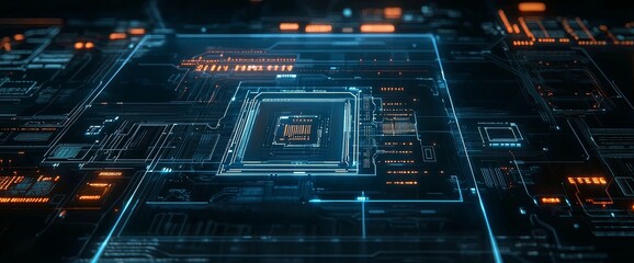 Wall Mural - An orange, green, and blue technology background with bokeh renders of a printed circuit board futuristic server.