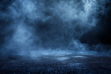 Canvas Print - Studio dark room with blue lighting and fog or mist on concrete floor against black background.