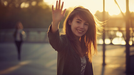 Brunette women waving and smiling in different outdoor settings