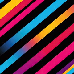 Poster - Vibrant diagonal stripes in pink, blue, and yellow against a black background, perfect for modern design projects.