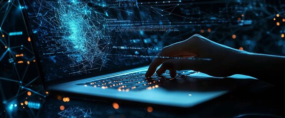 Poster - Detailed shot of robot hand using RPA function software to check data by using laptop for future technology of business concepts.