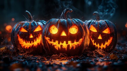 Aufkleber - Night time picture of scary pumpkins on a black background. Fear and the holidays.
