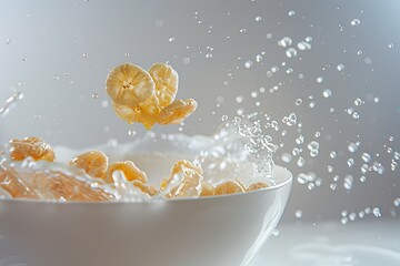 Breakfast cereals are scattered on the table. Plate of breakfast cereal on a white background