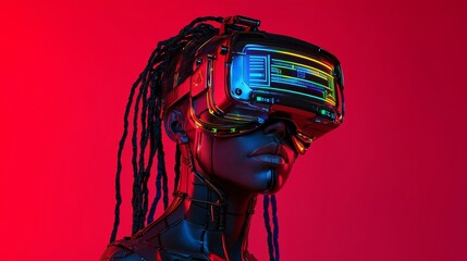 Poster - This is a 3D rendering of a young cyber girl with long black hair wearing futuristic yellow VR glasses with blue wires. Cyberspace Augmented Reality, futuristic vision.