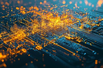 Aufkleber - Three-dimensional illustration depicting a robot or cyber armor made from metal with neon yellow lines. Close-up of mining equipment for crypto-bitcoins; ether. Motherboards and video cards