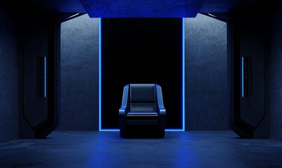 Leinwandbilder - An illustration of a sci-fi product podium in a spaceship with white and blue background. Space technology and object concept. A 3D illustration.