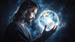 © THINNAKORN - Abstract art of Jesus holding the world in his hands, radiant light symbolizing protection and care