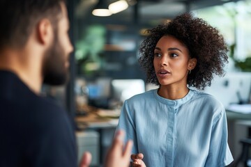 Poster - In the workplace, a businesswoman discusses with a colleague