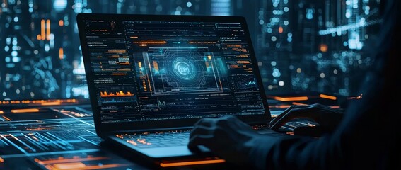 Poster - Internet technology, digital technology, futuristic innovation technology, man using laptop and mobile phone, smart city using internet network technology.