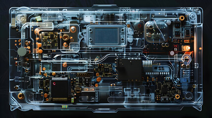 Transparent Device with Microchips on Black Background