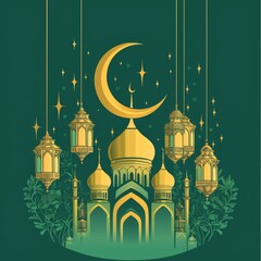 Wall Mural - The Eid al-Fitr Mubarak Greeting Card depicts an illustration of the Hari Raya Aidilfitri festival.