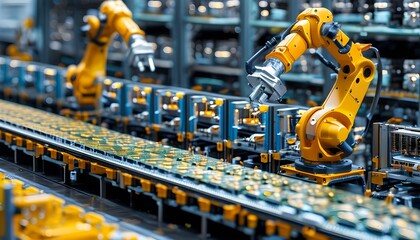 futuristic assembly line in a high-tech factory for microchip manufacturing with robotic arms, digital screens, and engineers monitoring the process in a cleanroom environment