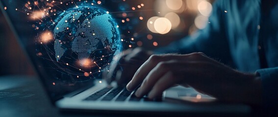 Aufkleber - Man using mobile phone and laptop with web network technology. Digitized technology, internet network connection, futuristic innovation technology