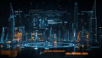 Aufkleber - Conceptual illustration of a smart city at night, application development, Internet of things, smart life, information technology, gradient grid line, and metaverse connection technology