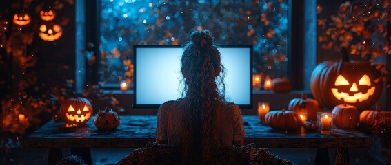 Leinwandbilder - At Halloween night, modern home living room with workstation and computer mockup
