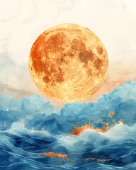 Wall Mural - full moon, adorned with clouds, watercolor illustration