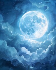 Wall Mural - full moon, adorned with clouds, watercolor illustration