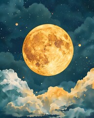 Wall Mural - full moon, adorned with clouds, watercolor illustration