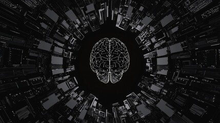 Fototapete - Abstract background with blue digital brain logo rotating HUD circle technology interface
