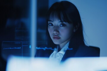 Poster - Future night overlay, planet UI hud, or African person working on global network software is a computer hologram hud, woman analyzing earth communication data or charting global communication