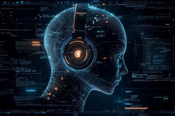 Poster - The side view depicts a humanoid head with fluorescent neon eyes, representing technology and stocks in the future.
