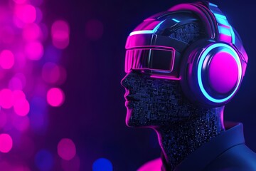 Poster - Decorative humanoid with neon eyes, representing futuristic technology. Stock image.