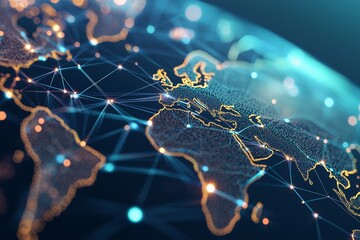 Poster - Global network connections. Big data analytics, e-commerce, social networks, a world map point-line concept of global business.