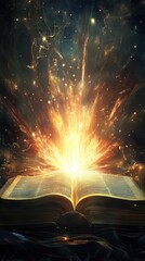 artistic rendering of a bible with radiant beams of light shooting out, symbolizing divine truth