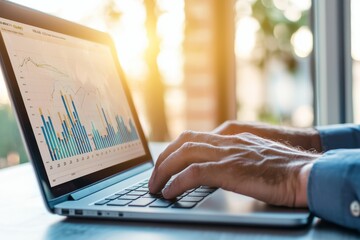 Fototapete - In this data analysis concept, data analysis is shown using charts, metrics, and KPI to analyze the performance of the business and create insight reports for operations management.