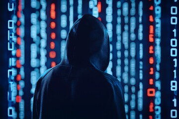 Canvas Print - Cyber security system cyber attack with abstract image of unrecognizable hacker in hood with dark space and matrix instead of face. Stock image.