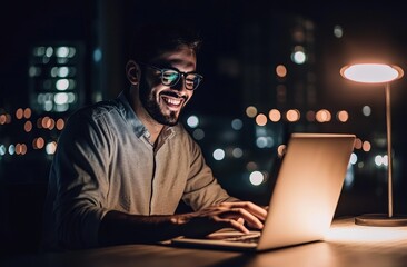 Poster - The image is of a businessman with a laptop during an email, communication or online coding session. The image is of a male programmer typing on a computer during a computer development session.
