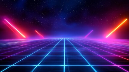 Aufkleber - Abstract neon light background, empty space scene, spotlight, dark night, virtual reality, cyber futuristic sci-fi background, street floor studio for mockup. colored geometric shapes.