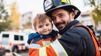 A firefighter, donning a helmet and gear, embodies protection as he lovingly embraces a child, highlighting the care and bravery inherent in his noble profession.