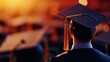 © MP-AI - A graduate in cap and gown looks towards a sunset, symbolizing achievement and new beginnings at a graduation ceremony.