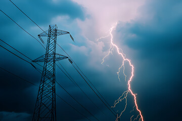 a dramatic lightning strike near a power line under a stormy sky.