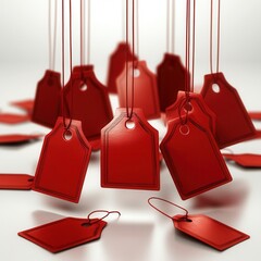 Colorful red tags hang in various positions, perfect for retail promotions, pricing, or gift labeling with a minimalist touch.