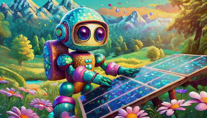 Poster - oil painting style CARTOON CHARACTER illustration  CUTE robot installing solar panels on a sunny day