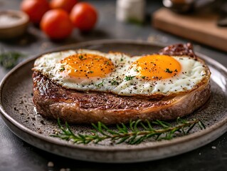 Grilled steak topped with two sunny-side-up eggs and garnished with rosemary on a ceramic plate.