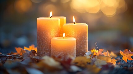 Wall Mural - Autumn Candles with Golden Leaves