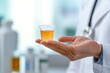 © Steveandfriend - A healthcare professional holds a small cup with a yellow liquid, representing medicine or testing in a clinical setting.