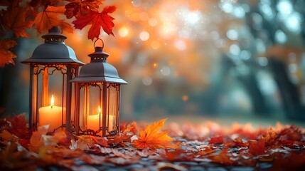 Wall Mural - Autumn Lanterns with Warm Candlelight & Maple Leaves