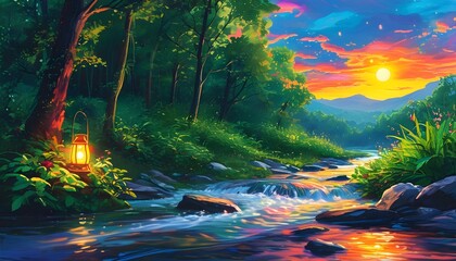 Tranquil forest scene with a flowing river, glowing lanterns, and lush greenery beneath a striking sunset sky